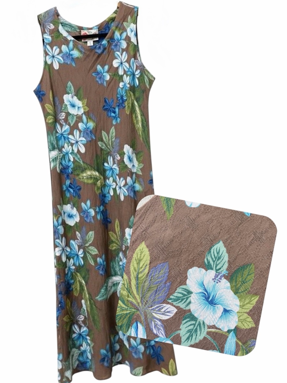 Hilo Hattie Hawaiian Floral Dress Brown Blue Y2K Resort Tropical Small Medium